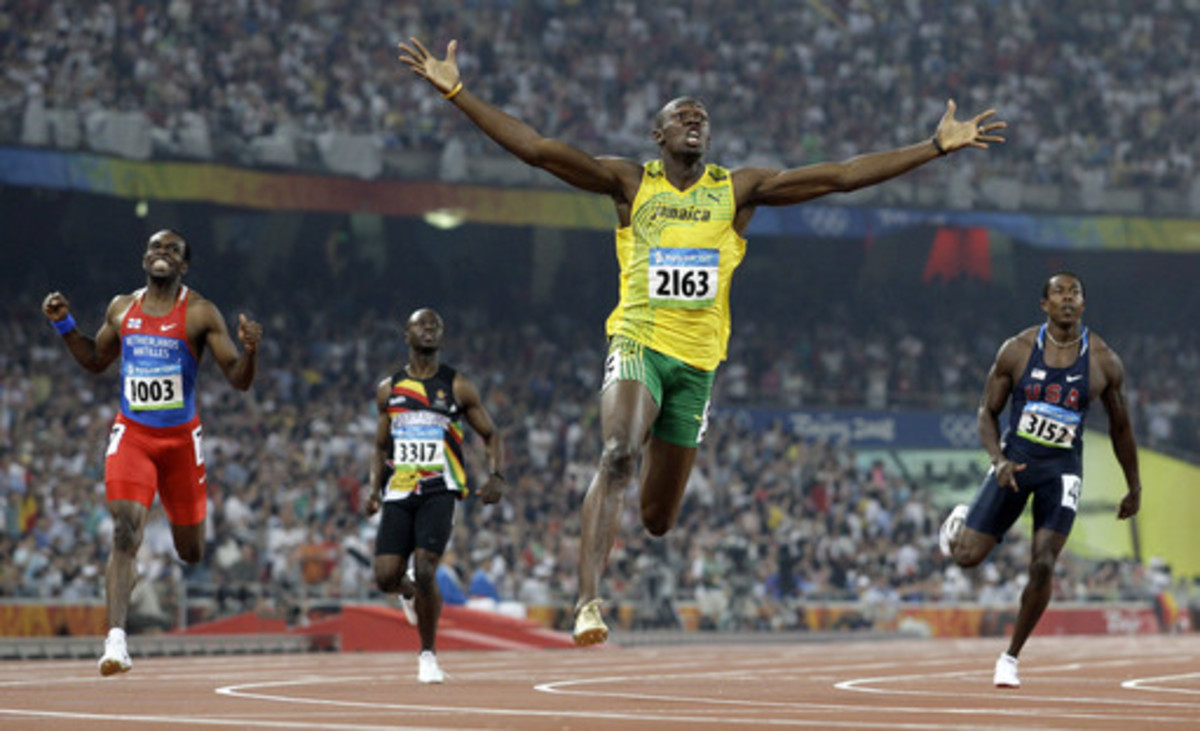 FILE - In this Aug. 20, 2008 file photo, Jamaica's Usain Bolt crosses the finish line to win the gold in the men's 200-meter final during the athletics competitions in the National Stadium at the Beijing 2008 Olympics in Beijing. (AP Photo/Anja Niedringha
