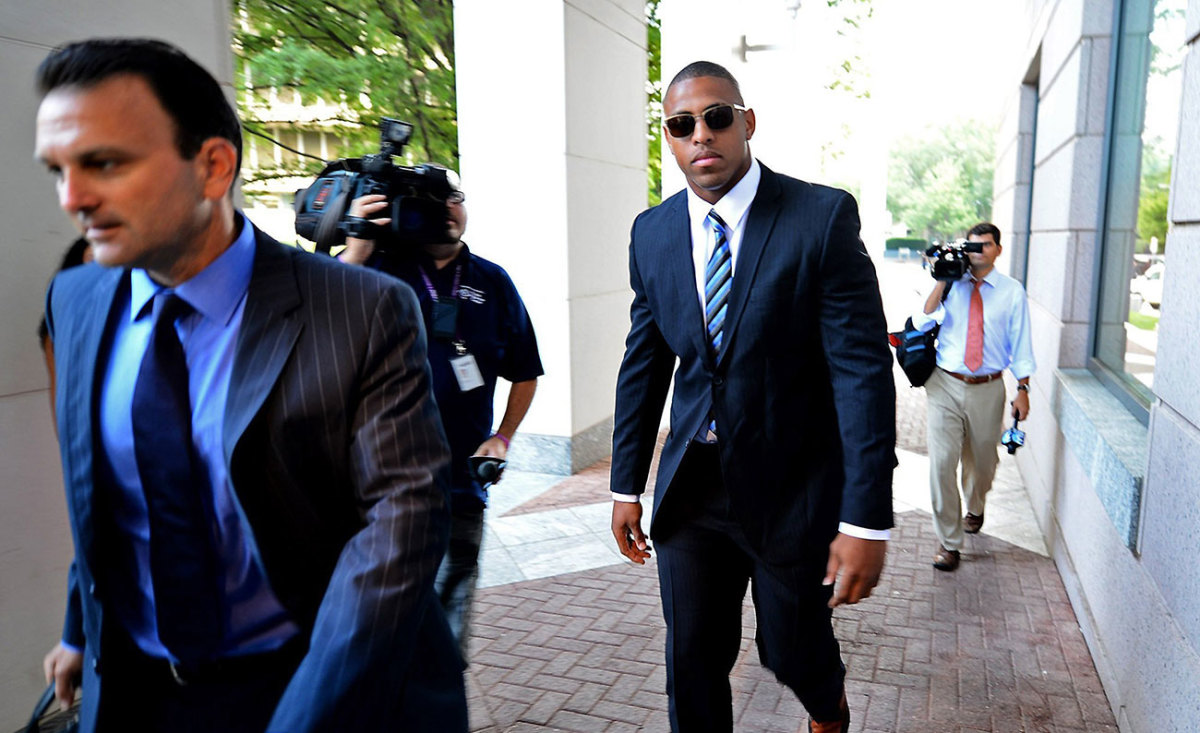 Greg Hardy at a court appearance in his domestic violence case.