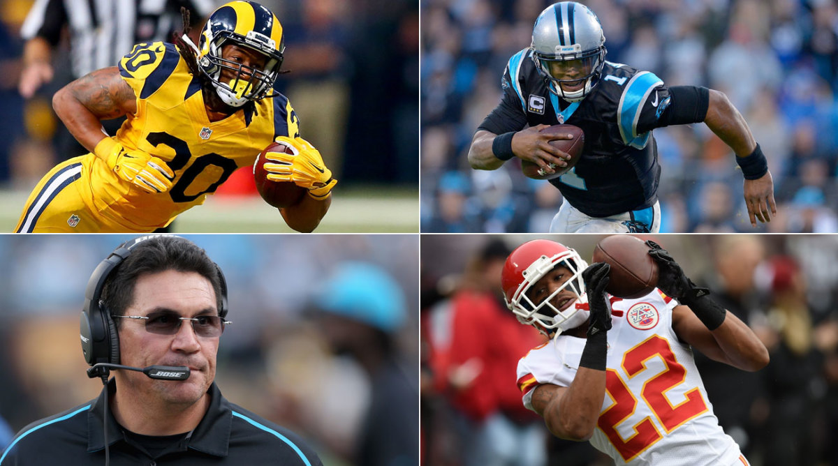 Clockwise, from top left: Todd Gurley, Cam Newton, Marcus Peters and Ron Rivera.