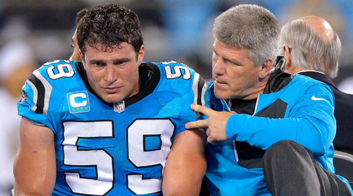 Kuechly is carted off the field in the fourth quarter of the Panthers’ 23-20 win over the Saints last Thursday.