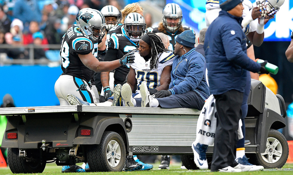 Melvin Gordon was carted off the field Sunday with a hip injury. The standout second-year player has 997 rushing yards.
