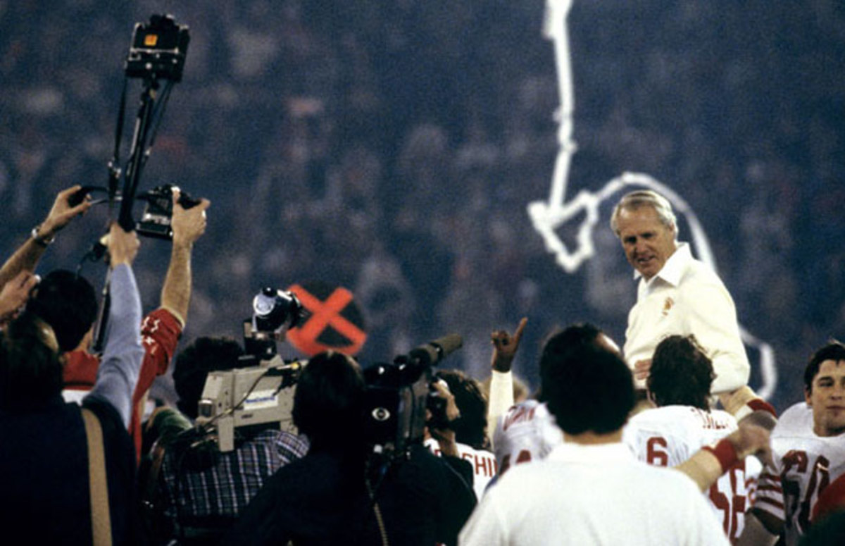 Bill Walsh gets his first Super Bowl victory ride.