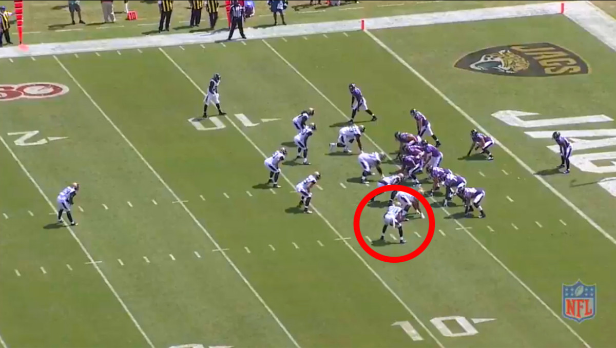 Ramsey taking up a linebacking position in run support against the Ravens.