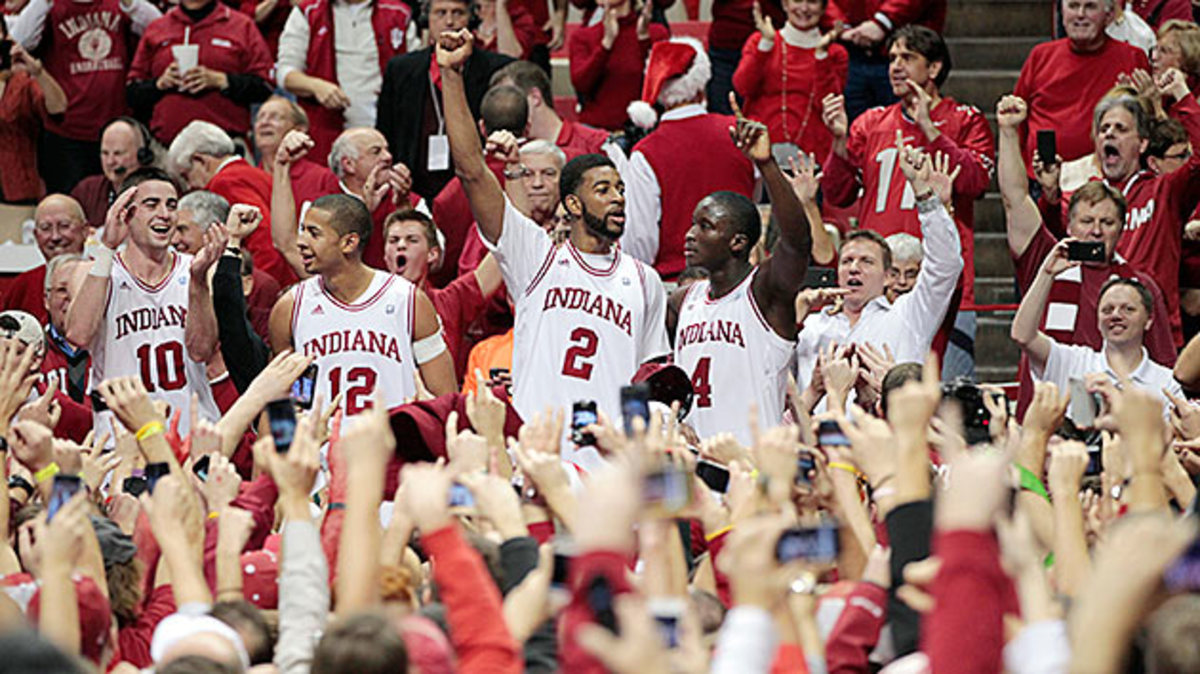 Christian Watford, No. 2, celebrates with his Indiana teammates after beating Kentucky in 2012