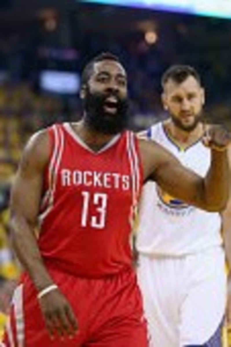 OAKLAND, CA - APRIL 27:  James Harden #13 of the Houston Rockets reacts during their game against the Golden State Warriors in Game Five of the Western Conference Quarterfinals during the 2016 NBA Playoffs at ORACLE Arena on April 27, 2016 in Oakland, Cal