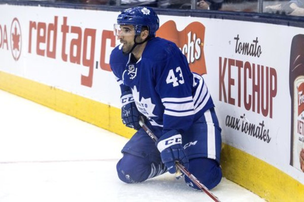 Toronto Maple Leafs' Naziem Kadri reacts after failing to score on New Jersey Devils goaltender Keith Kinkaid during the second period of an NHL hockey game Thursday, Feb. 4, 2016, in Toronto. (Chris Young/The Canadian Press via AP)