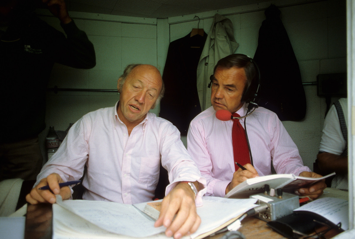 Bud Collins and Enberg in the television booth at the All England Club in July 1982.