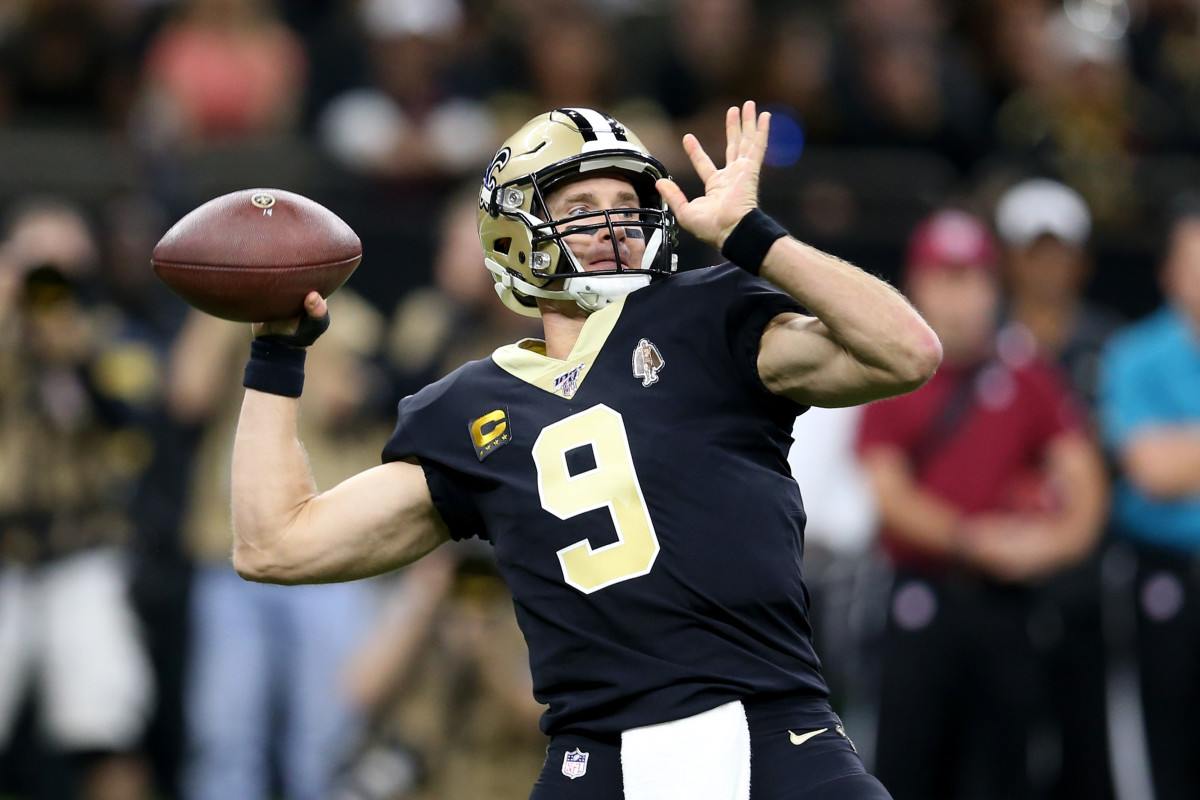 Oct 27, 2019; New Orleans, LA, USA; New Orleans Saints quarterback Drew Brees (9) makes a throw in the first quarter against the Arizona Cardinals at the Mercedes-Benz Superdome. Mandatory Credit: Chuck Cook-USA TODAY Sports