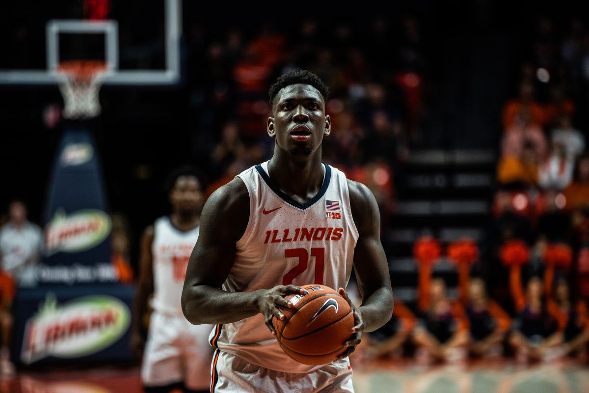 Illinois freshman center Kofi Cockburn shooting a free throw during the Illini's 83-50 win over Lewis University in a exhibition game on Nov. 2, 2019.