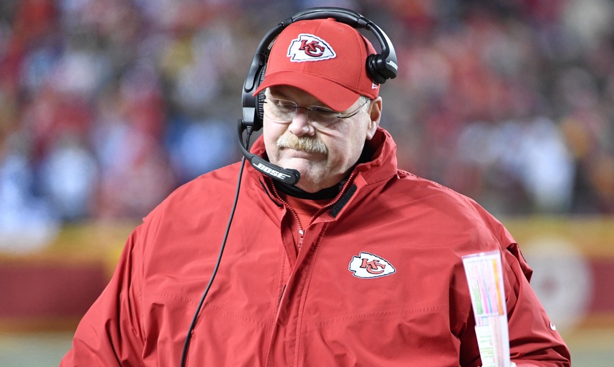 Kansas City Chiefs head coach Andy Reid reacts during the fourth quarter in the AFC Wild Card playoff football game against the Tennessee Titans at Arrowhead Stadium.