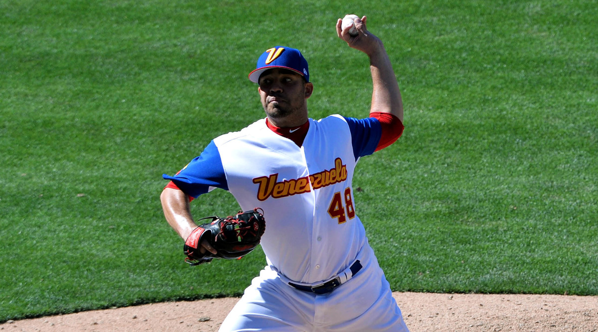 Mar 18, 2017; San Diego, CA, USA; Venezuela pitcher Jose Alvarez (48) delivers a pitch during the eighth inning against Puerto Rico during the 2017 World Baseball Classic at Petco Park. Puerto Rico won 13-2. Mandatory Credit: Orlando Ramirez-USA TODAY Sports