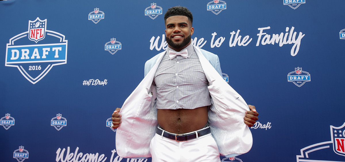 Ezekiel Elliott turned heads on the draft's red carpet when he tucked under his shirt to reveal his midriff, a nod to the NCAA’s ban on half-jerseys.