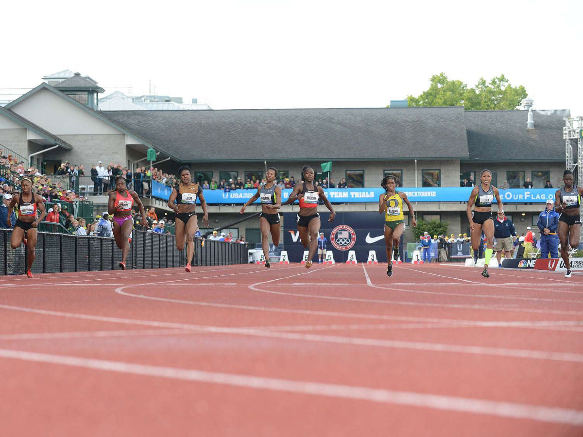 English Gardner (center, in yellow Oregon singlet) races in the 100-meter final at the 2012 Olympic Track and Field Trials.