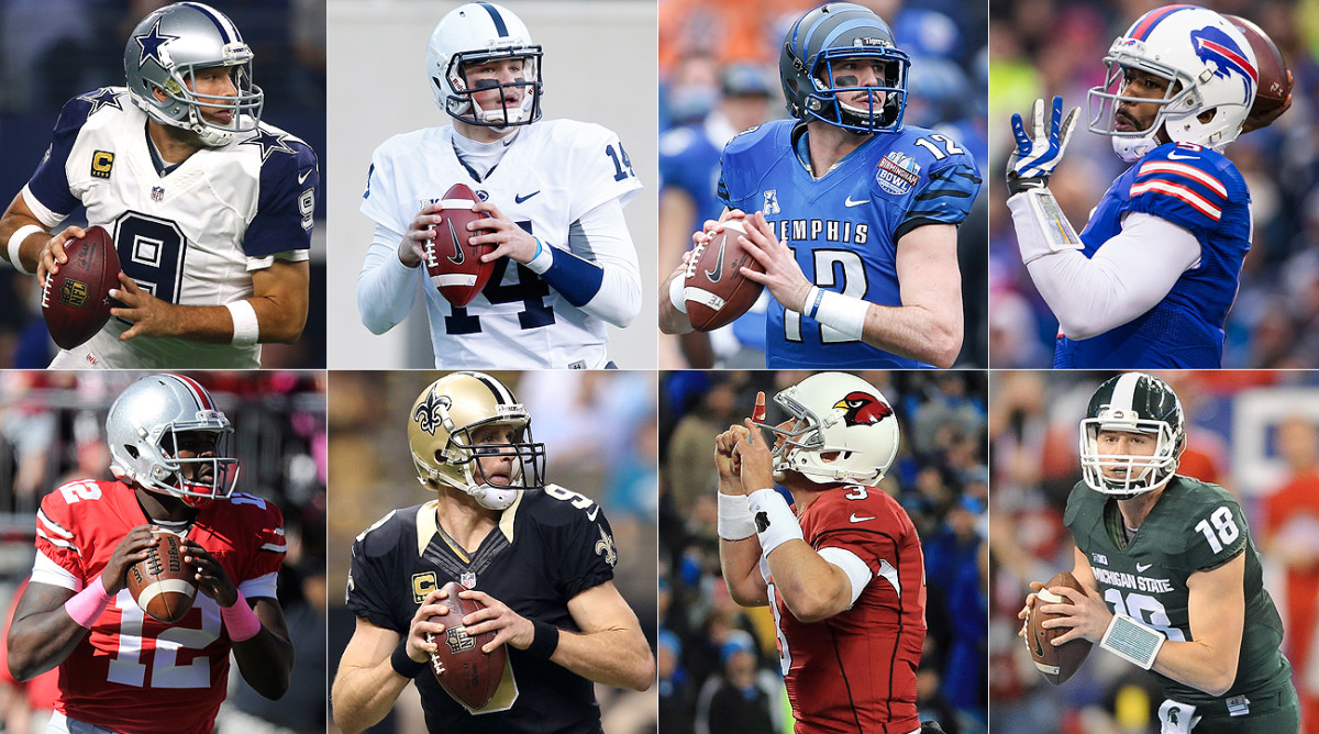 Top row, left to right: Tony Romo, Christian Hackenberg, Paxton Lynch, Tyrod Taylor. Bottom row: Cardale Jones, Drew Brees, Carson Palmer, Connor Cook.