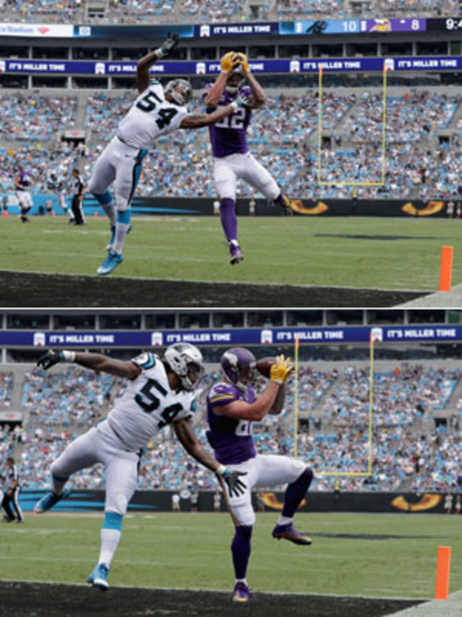 Kyle Rudolph scores the go-ahead TD against the Panthers last Sunday.