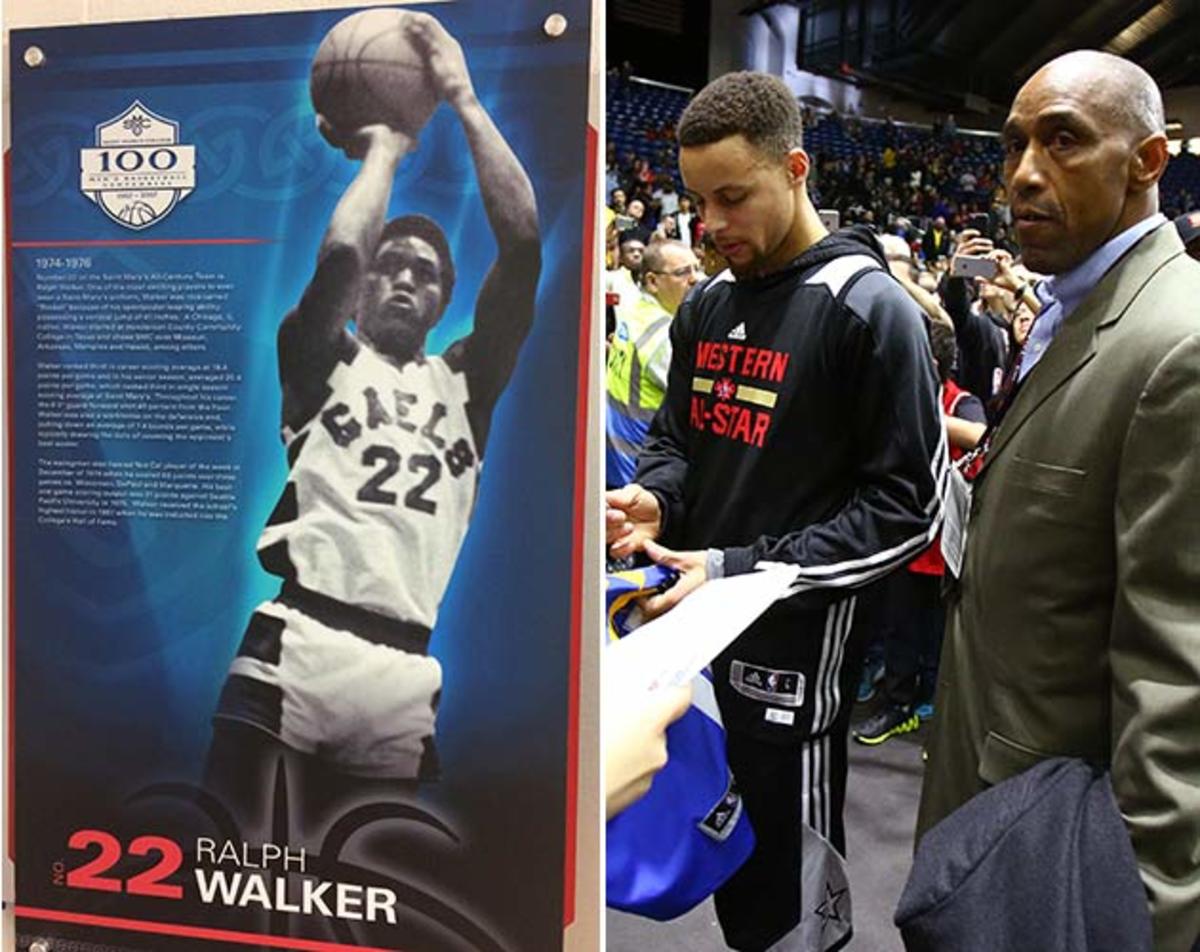 A plaque hangs at St. Mary's honoring Ralph Walker (left), who now guards Steph Curry (right).