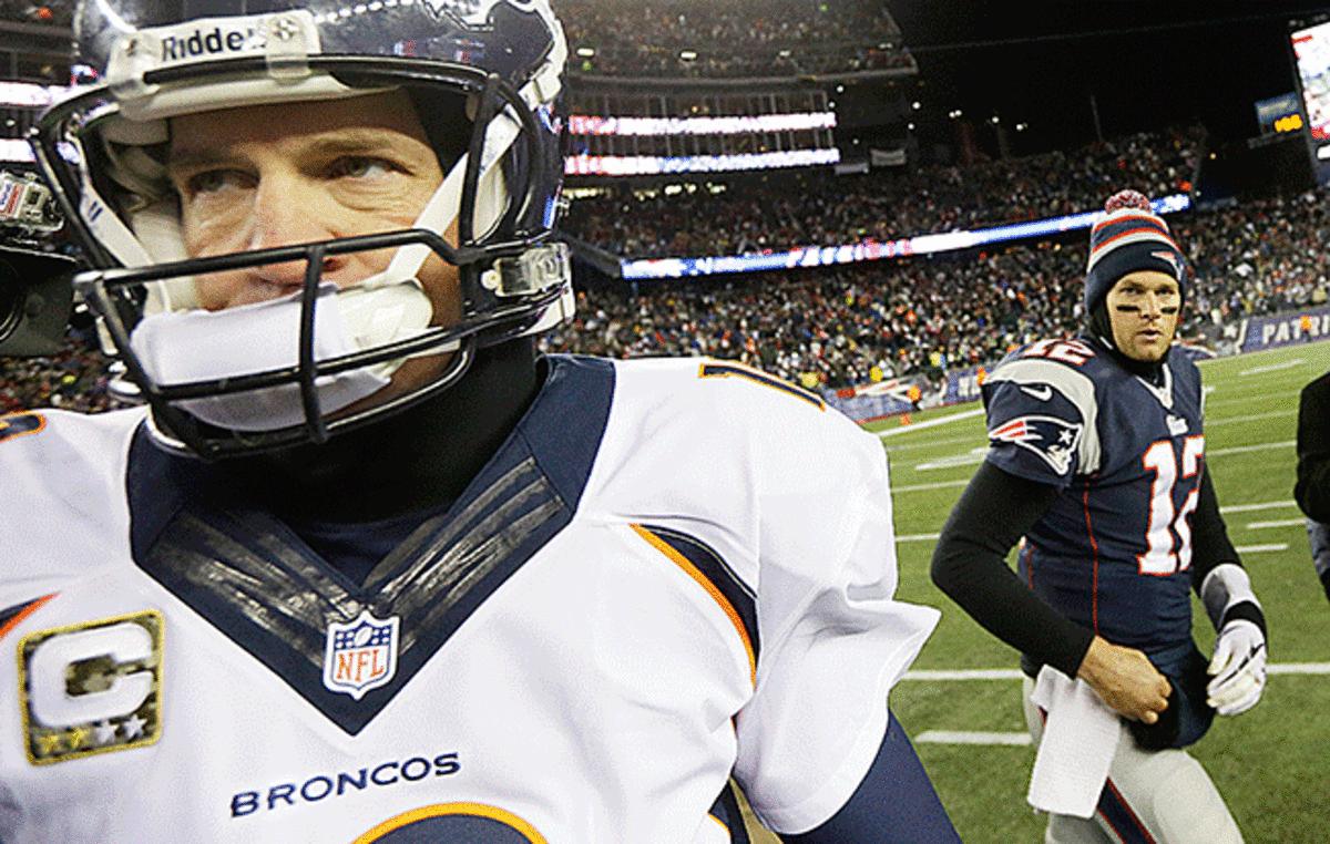 Manning heads to the locker room after losing to Brady in overtime, 34-31, in New England during Week 12 of the 2013 season.