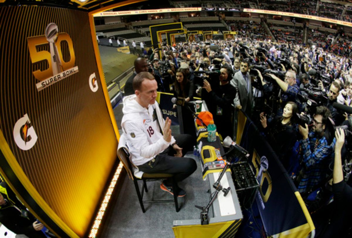 Denver Broncos quarterback Peyton Manning speaks to the media during Opening Night for the NFL Super Bowl 50 football game Monday, Feb. 1, 2016, in San Jose, Calif. (AP Photo/Charlie Riedel)
