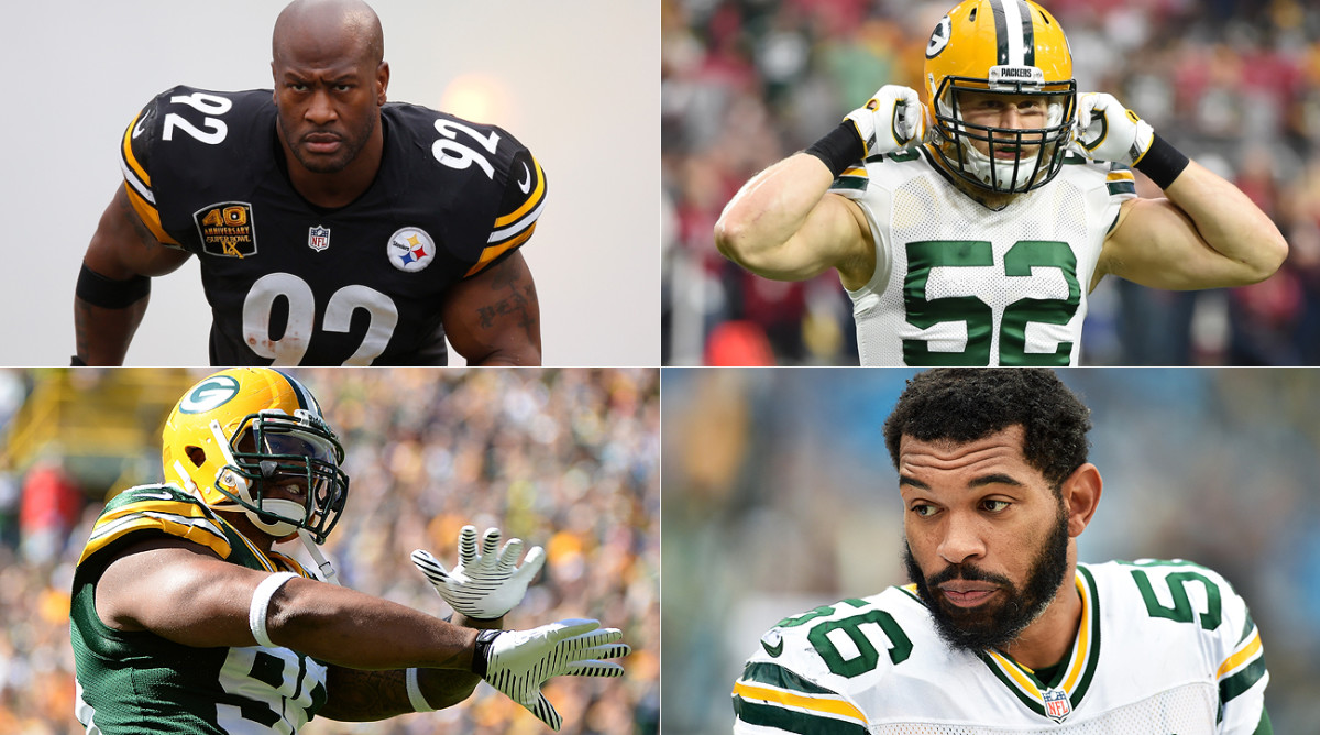 Clockwise, from top left: James Harrison, Clay Matthews, Julius Peppers and Mike Neal.