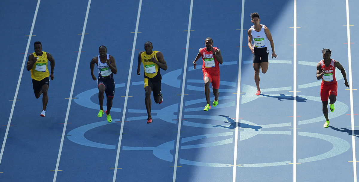 Former NFL RB Jahvid Best (far left), competing for St. Lucia, finished seventh in a 100-meter heat won by Usain Bolt (third from left).