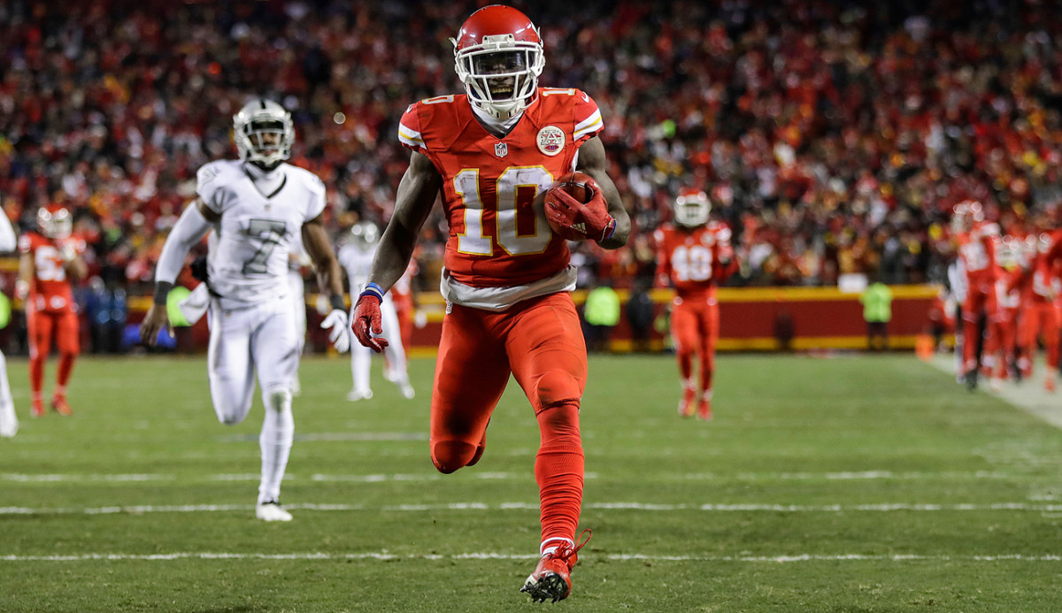 Kansas City’s Tyreek Hill is the first rookie in 51 years to score on a punt return, kick return, on the ground and through the air. He has nine total TDs this season.