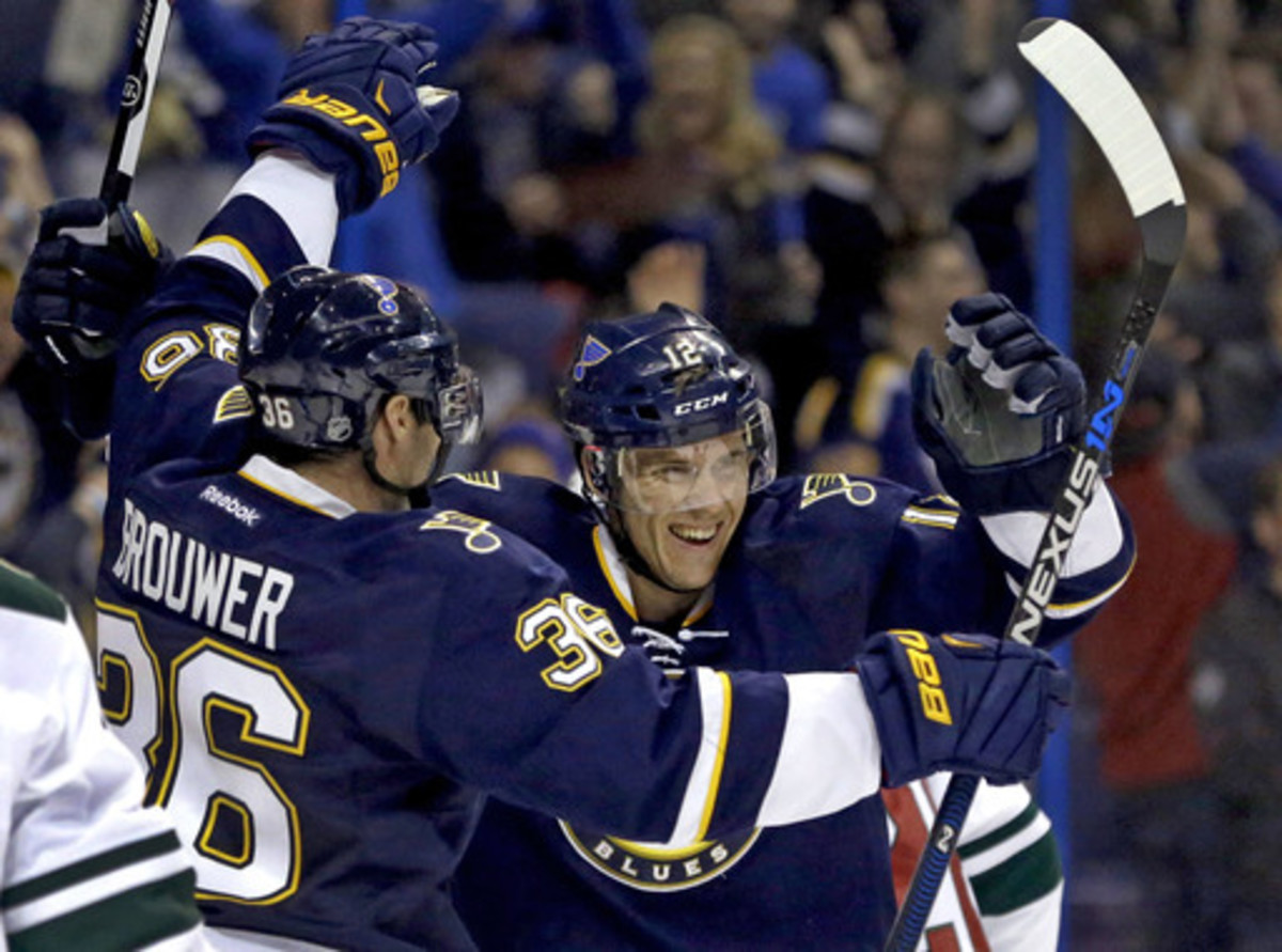 St. Louis Blues' Jori Lehtera, of Finland, is congratulated by Troy Brouwer, left, after scoring during the second period of an NHL hockey game against the Minnesota Wild Saturday, Feb. 6, 2016, in St. Louis. (AP Photo/Jeff Roberson)