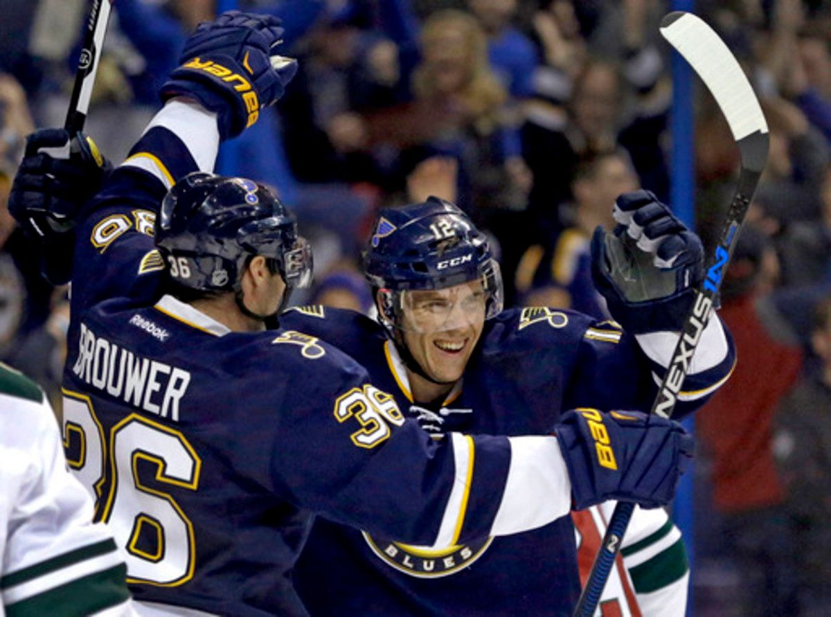 St. Louis Blues' Jori Lehtera, of Finland, is congratulated by Troy Brouwer, left, after scoring during the second period of an NHL hockey game against the Minnesota Wild Saturday, Feb. 6, 2016, in St. Louis. (AP Photo/Jeff Roberson)