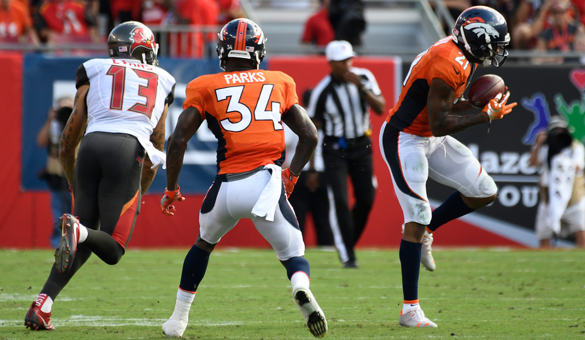 Broncos corner Aqib Talib (21) had a memorable game in his return to Tampa Bay.