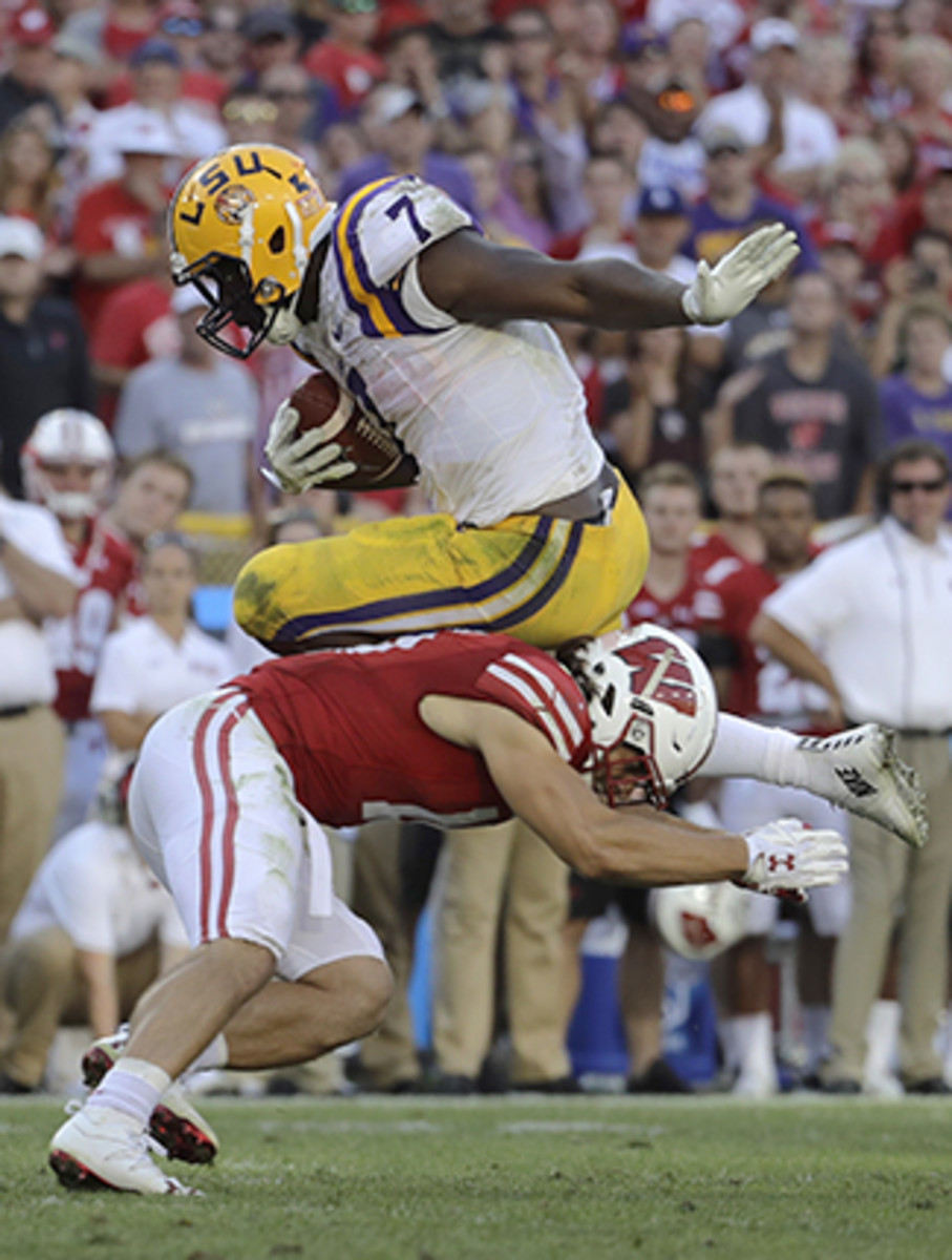 Fournette came up limping after this hit late in the fourth quarter, but immediately lobbied to return to the field.