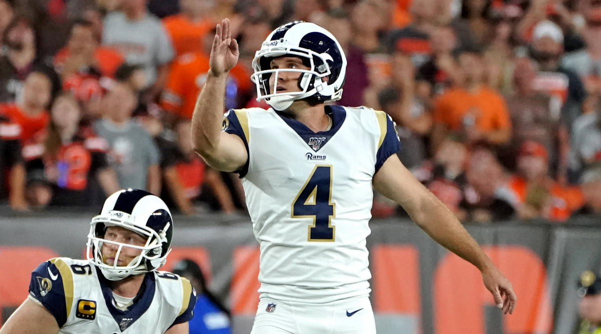 Sep 22, 2019; Cleveland, OH, USA; Los Angeles Rams kicker Greg Zuerlein (4) reacts after making a field goal against the Cleveland Browns during the first quarter at FirstEnergy Stadium. Mandatory Credit: Kirby Lee-USA TODAY Sports