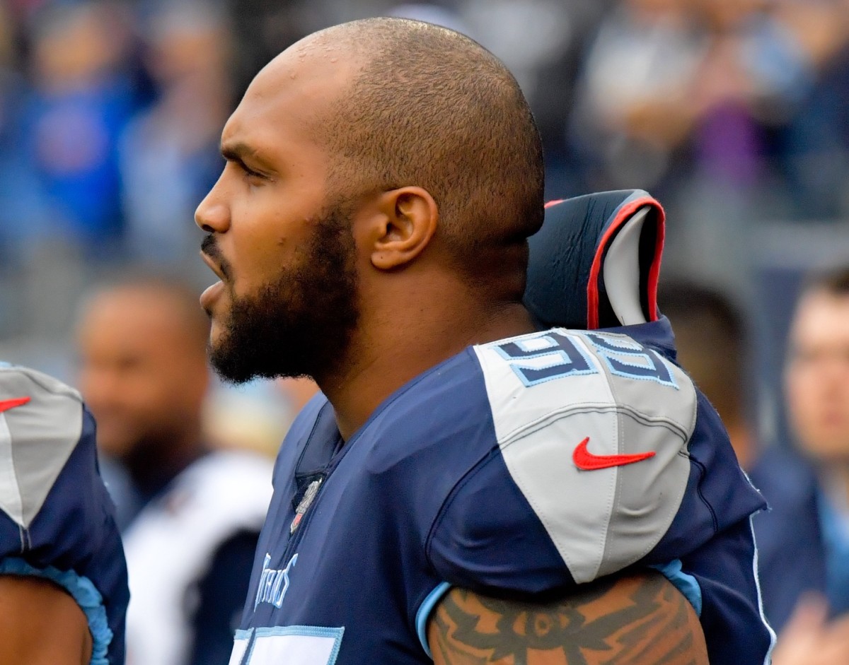 Tennessee Titans defensive end Jurrell Casey (99) following the National Anthem prior to the game against the Tampa Bay Buccaneers at Nissan Stadium.