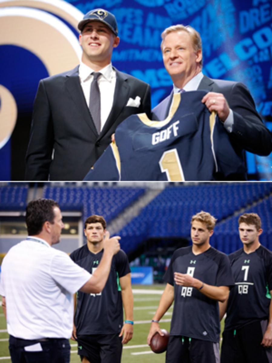 Top: Goff with Goodell at the NFL draft. Bottom: Goff with Hackenberg (l.) and Jeff Driskel at the combine.