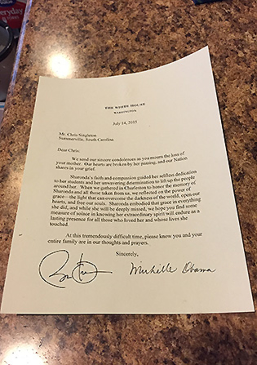 This letter from Barack and Michelle Obama was one of many hundreds of pieces of mail Chris received in the months after his mother's death.