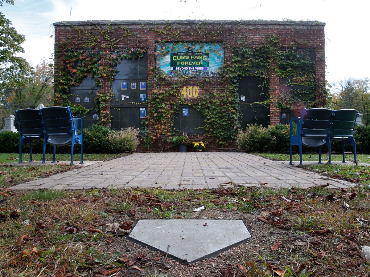 A replica Wrigley is the final resting place for nine Cubs fans at the Bohemian Cemetery in Chicago.