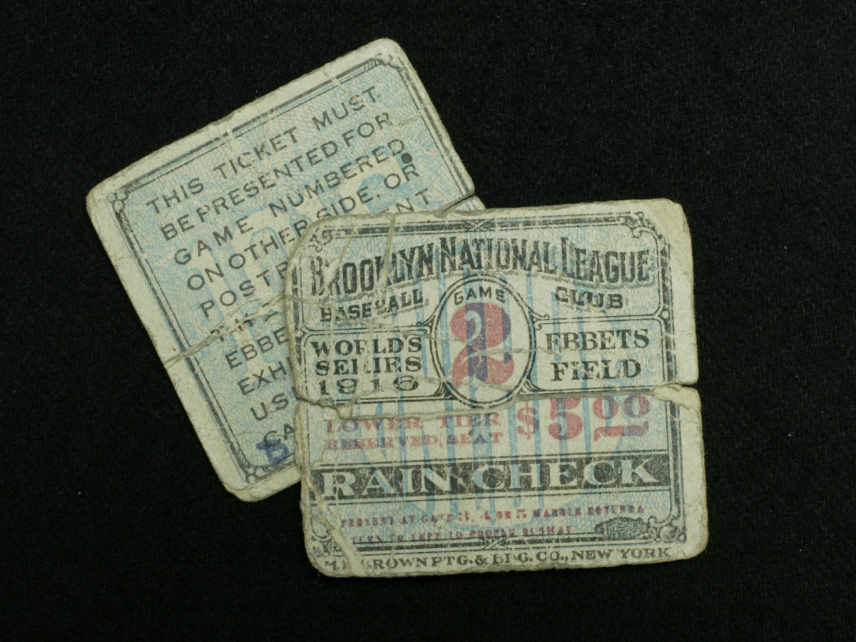 A ticket from the 1916 World Series between the Brooklyn Robins and the Boston Red Sox.