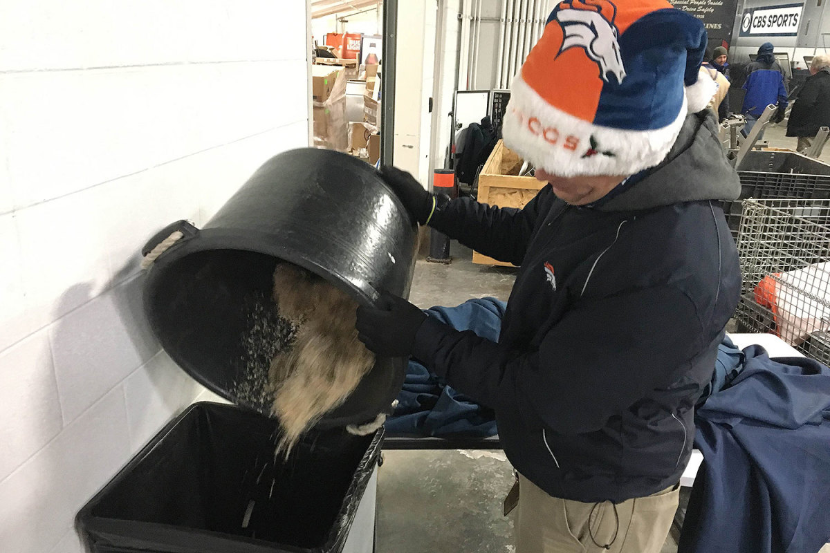 Saddled with the least glamourous horse care task imaginable, David Blake has a knack for removing Thunder's waste before it bothers the Broncos.
