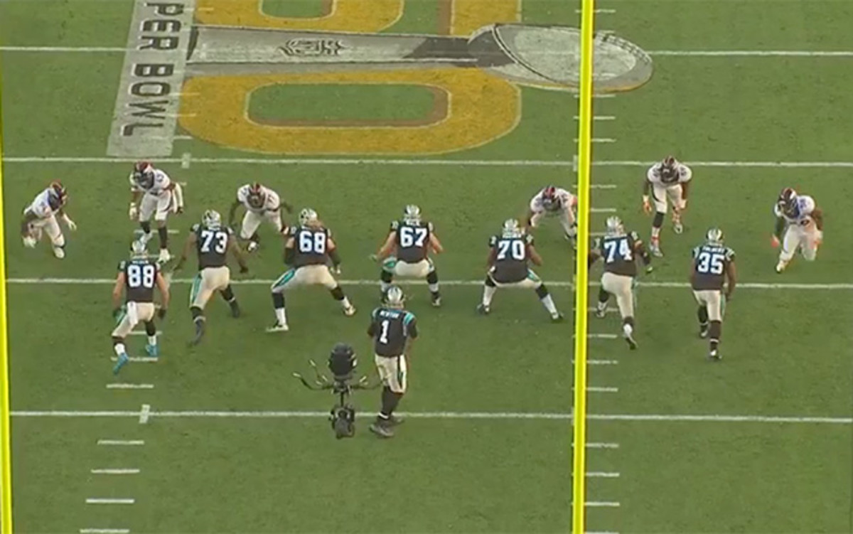 On the first Von Miller strip sack (which Denver recovered in the end zone), Mike Remmers (74) is preoccupied with Danny Trevathan, lined up directly in front of him. Meanwhile, Miller is lined up so wide to the right that Mike Tolbert (35) doesn't bother chipping him, and Remmers reacts to him too late.