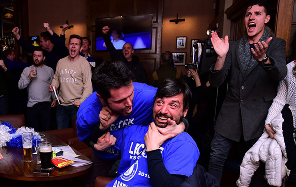 Fans celebrated in Leicester after Chelsea scored to cut Tottenham's lead to one goal. 
