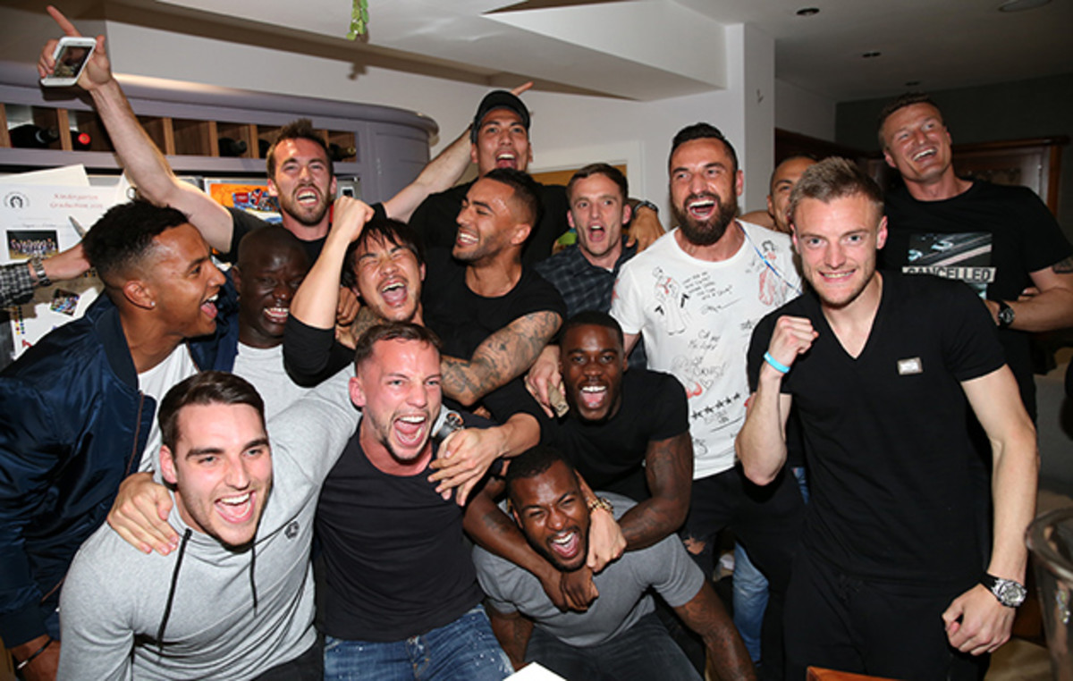 Leicester City players celebrated the Premier League title at striker Jamie Vardy's house. 