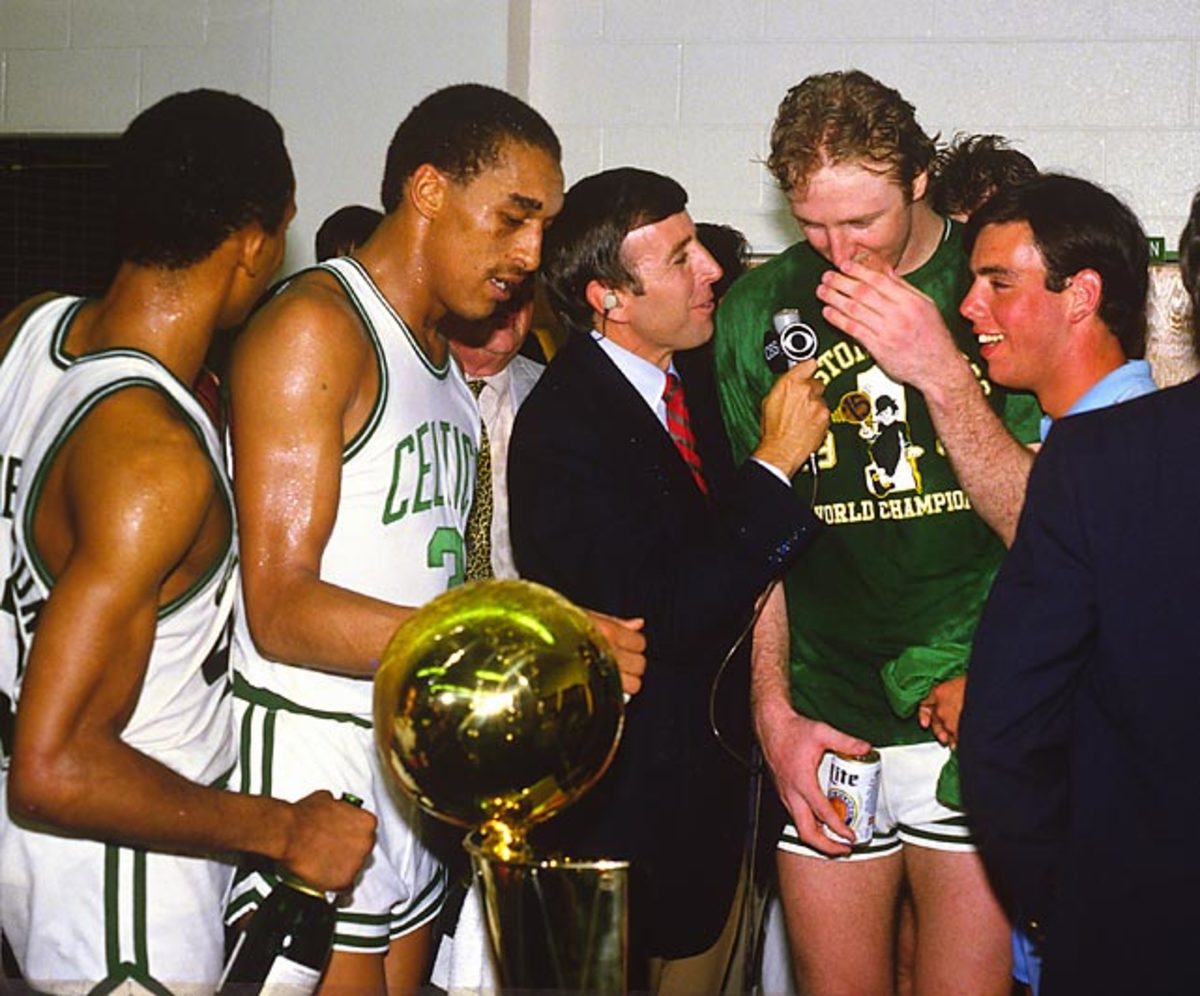 Gerald Henderson, Dennis Johnson, Brent Musburger and Larry Bird