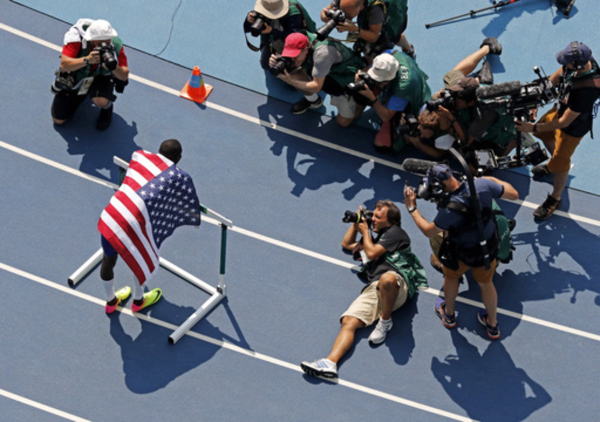 United States' Kerron Clement is photographed after winning the gold medal in the 400 meter hurdles final during the athletics competitions of the 2016 Summer Olympics at the Olympic stadium in Rio de Janeiro, Brazil, Thursday, Aug. 18, 2016. (AP Photo/Mo