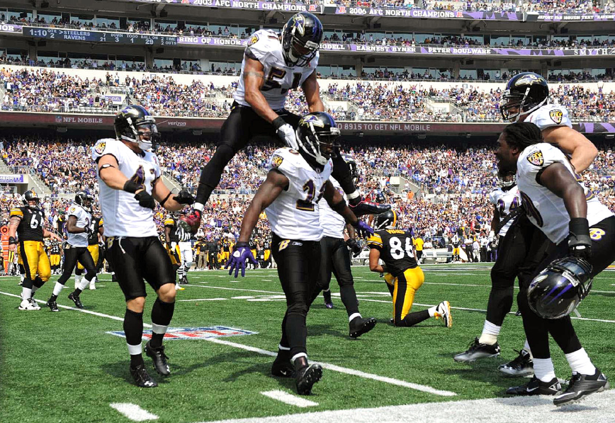 Brendon Ayanbadejo and Ed Reed celebrating, September 2011.