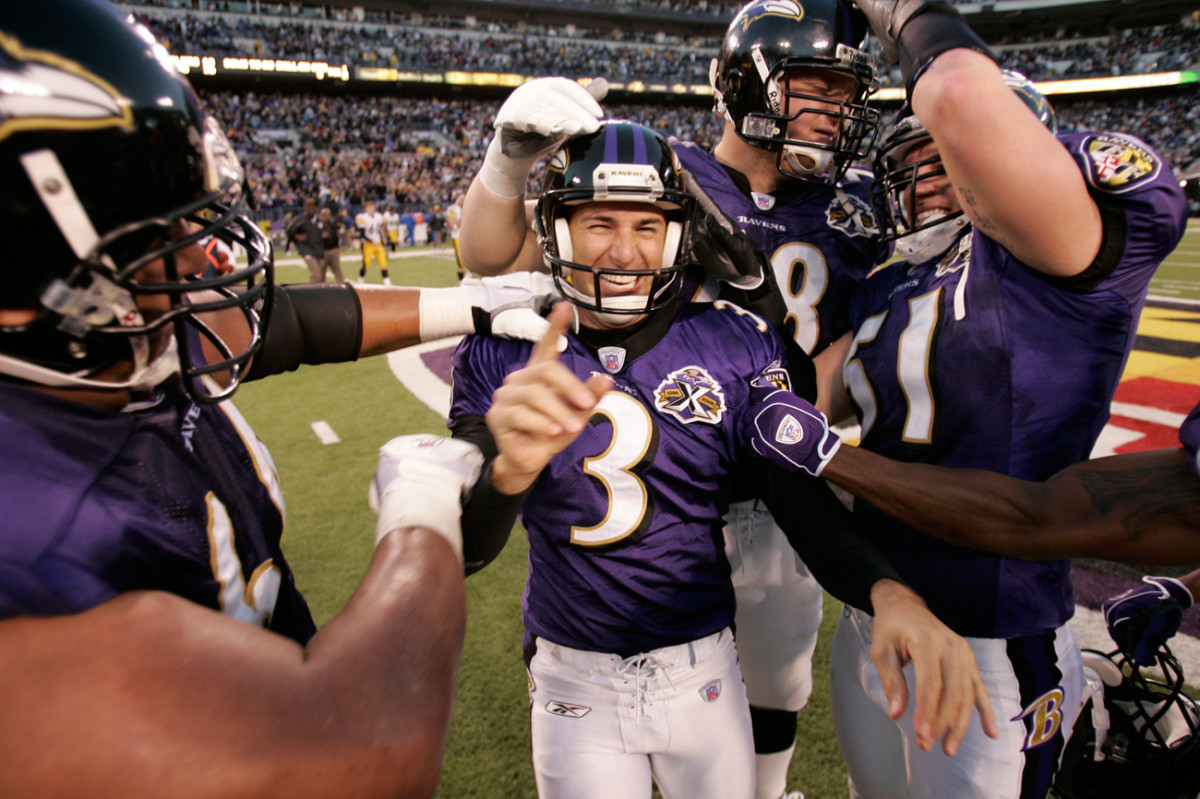 Matt Stover celebrates an OT game-winner, November 2005.