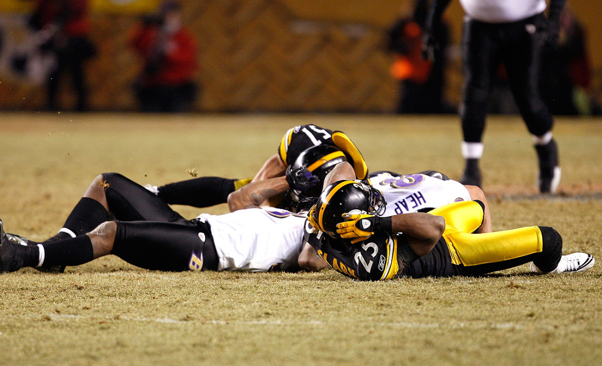 The aftermath of the Ryan Clark/Willis McGahee hit, January 2009. 