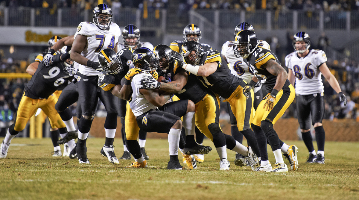 Willis McGahee meets up with the Steelers D, January 2011.