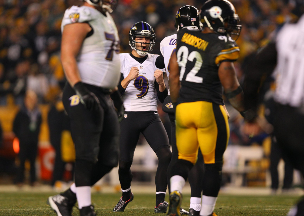 Justin Tucker celebrates a field goal, January 2015.