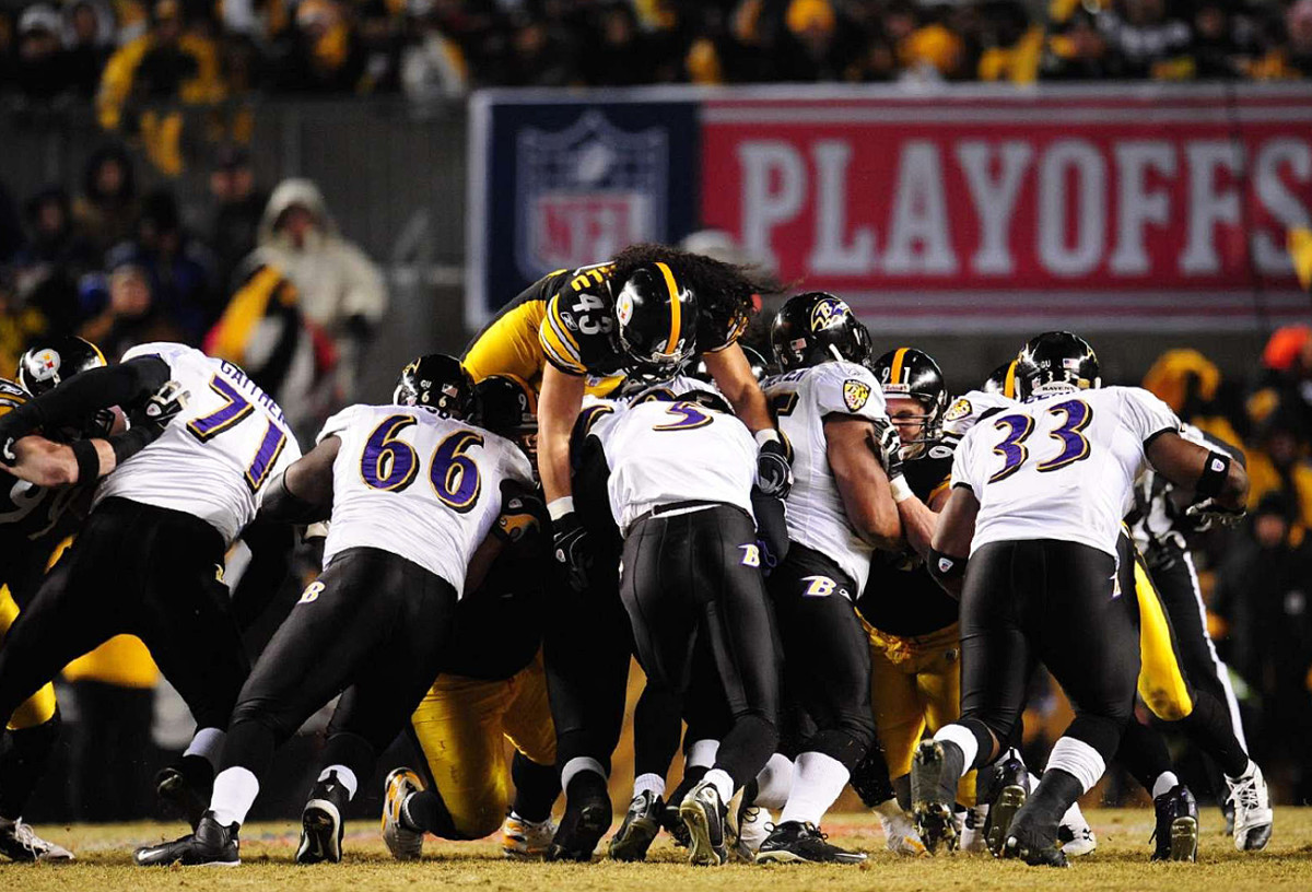 Troy Polamalu goes over the top to get Joe Flacco in the January 2009 AFC title game at Heinz Field.