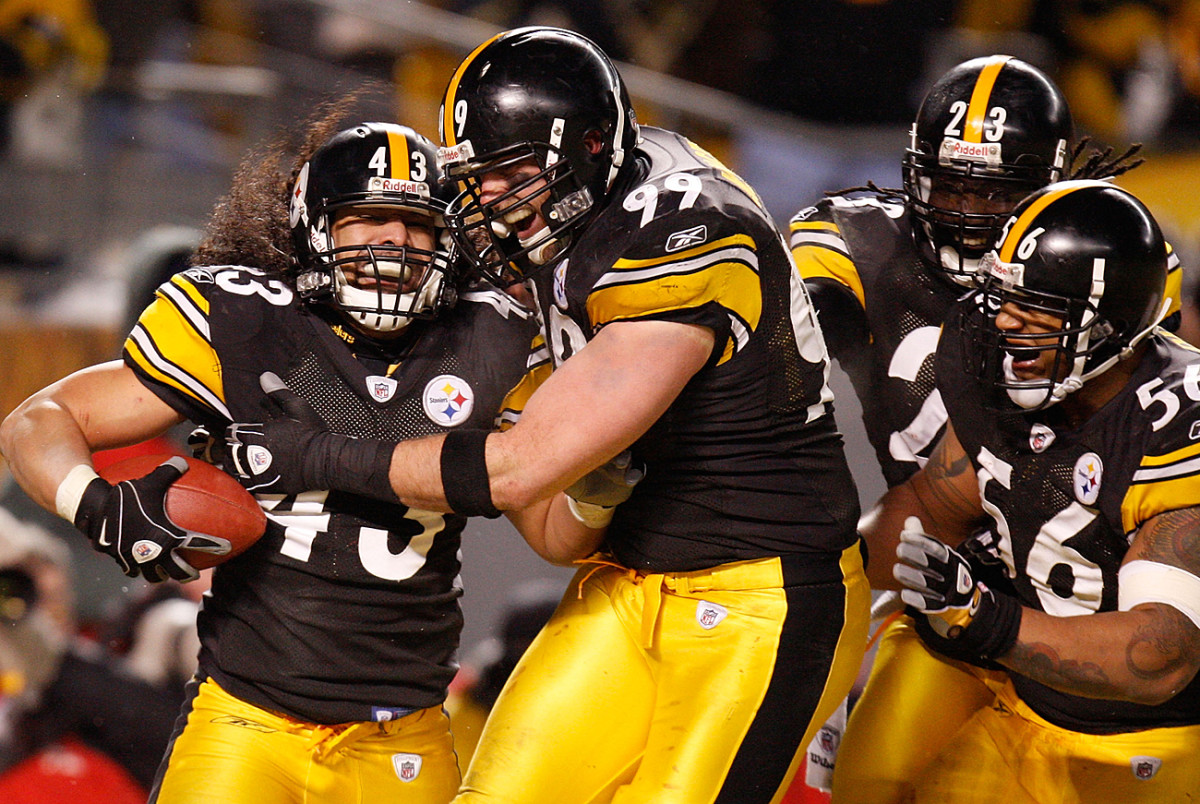 Troy Polamalu celebrates his game-clinching pick-six with Brett Keisel in the January 2009 AFC Championship Game.