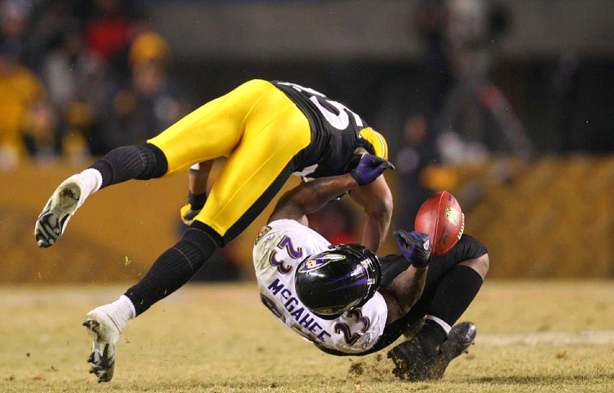 Ryan Clark lays out Willis McGahee, AFC Championship Game, January 2009. 