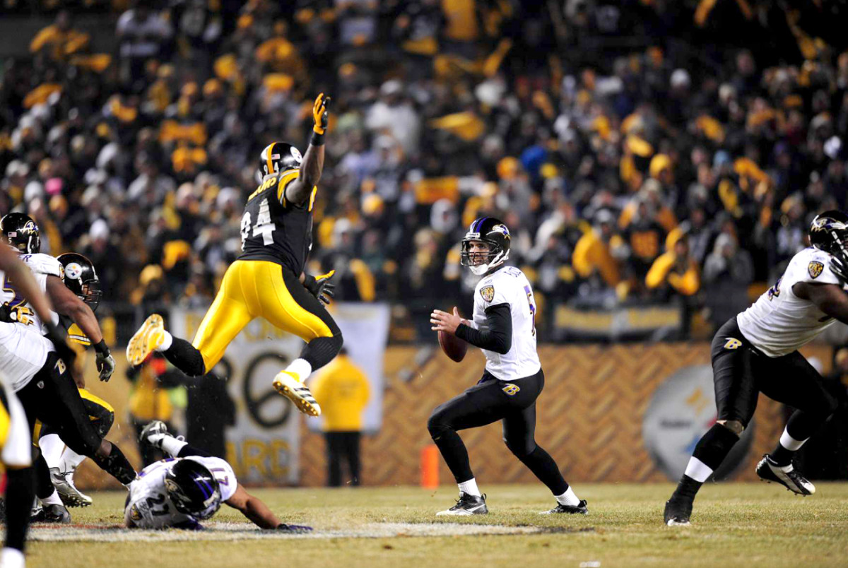 Lawrence Timmons pressures Joe Flacco, January 2011.